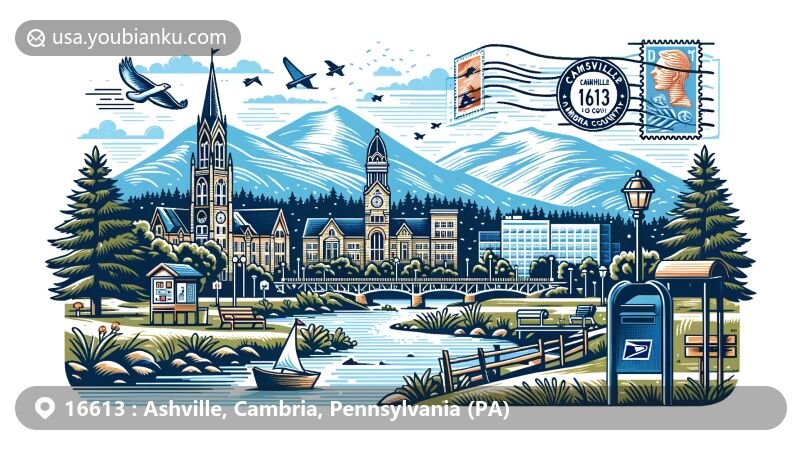 Modern illustration of Ashville, Cambria County, Pennsylvania, blending town charm with postal elements, featuring friendly community environment and natural beauty, alongside postal symbols like stamps, ZIP Code 16613, and mailbox or mail truck.