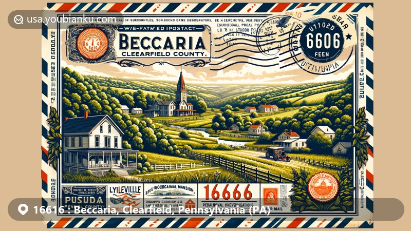 Modern illustration of Beccaria, Clearfield County, Pennsylvania, featuring ZIP code 16616, showcasing lush greenery, Victorian-era Hegarty Mansion, and vintage-style postal elements.