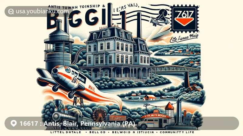 Intricate illustration of Antis Township and Bellwood, Pennsylvania, representing the historical and industrial legacy of the 16617 ZIP code area with symbols like the Bell Mansion, an iron furnace, DelGrosso's Amusement Park, the Little Juniata River, and a postal theme with air mail envelope, vintage stamp, postal truck, and postmark stamp.