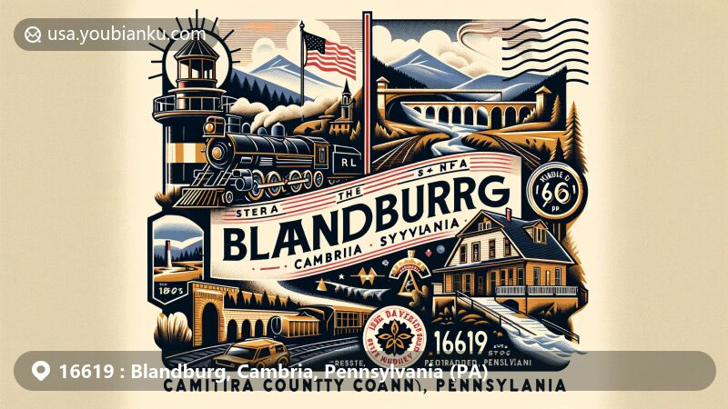 Vintage-style illustration of Blandburg, Cambria County, Pennsylvania, depicting Allegheny mountains, Staple Bend Tunnel, and Gallitzin Tunnels with Pennsylvania state symbols, showcasing historical significance and natural beauty.