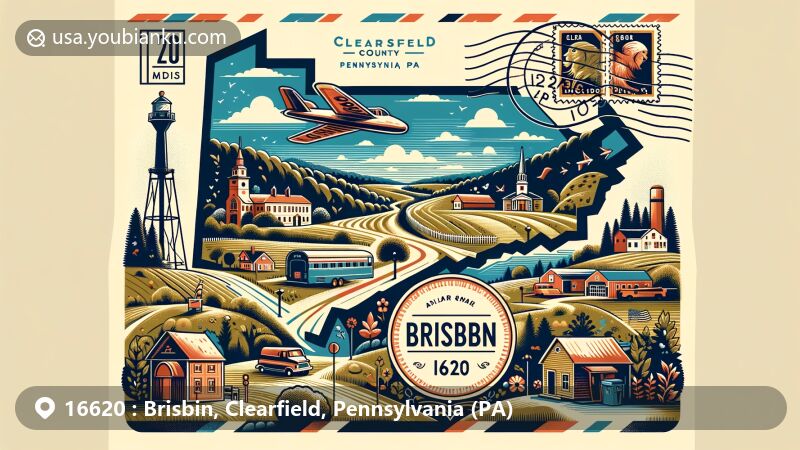 Modern illustration of Brisbin, Pennsylvania, showcasing postal theme with ZIP code 16620, featuring Clearfield County outline, local landmarks, and postal elements in a contemporary style.