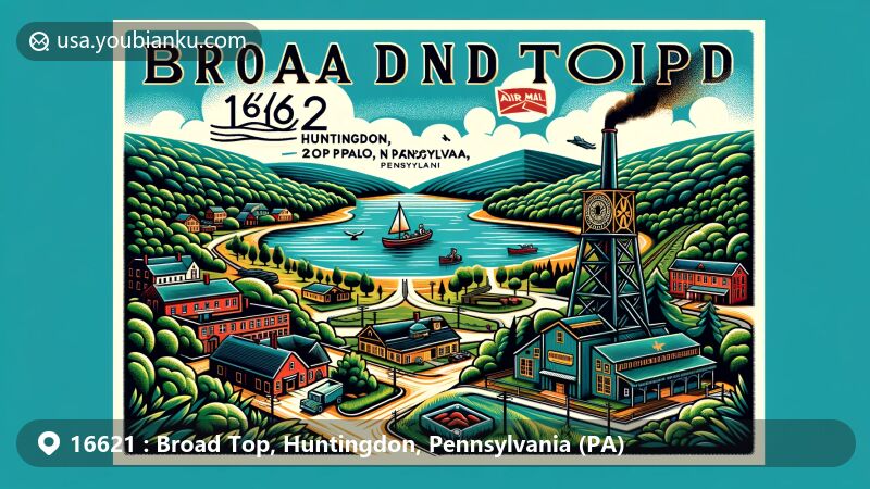 Modern illustration of Broad Top, Huntingdon County, Pennsylvania, highlighting coal mining heritage with a vintage symbol and lush green landscapes, featuring Newburg Campground and postal elements.
