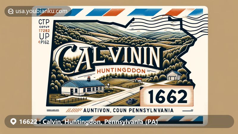 Modern illustration of Calvin, Huntingdon County, Pennsylvania, inspired by airmail envelope design, showcasing detailed map of the county with emphasis on Calvin's location, forested hills, post office symbol, 16622 ZIP Code, and stylized Pennsylvania state flag.