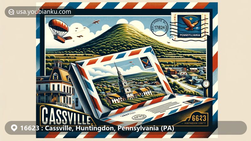 Modern illustration of Cassville, Pennsylvania, showing Sideling Hill and airmail envelope with postal stamp and ZIP code 16623, emphasizing the area's natural beauty and postal heritage.