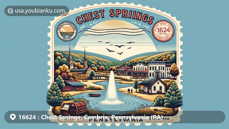 Modern illustration of Chest Springs, Pennsylvania, showcasing rural charm and scenic beauty with ZIP code 16624, incorporating local landmarks and postal theme with state symbols.