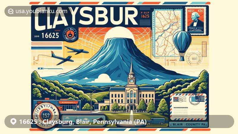 Modern illustration of Claysburg, Pennsylvania, showcasing postal theme with ZIP code 16625, featuring Blue Knob and Blair County map outline.