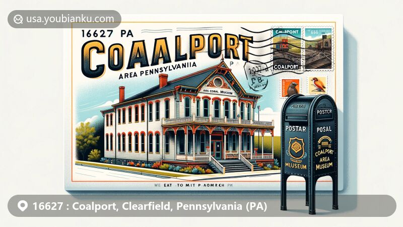 Modern illustration of Coalport, Pennsylvania, showcasing Coalport Area Coal Museum on a postcard with stamps and postmark '16627 Coalport, PA', plus classic American mailbox.