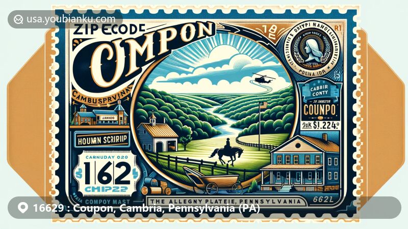 Modern illustration of Coupon, Cambria County, Pennsylvania, featuring postal theme with ZIP code 16629, showcasing Allegheny Plateau crest and Horseshoe Curve, reflecting local history of company town and vintage coupon design.