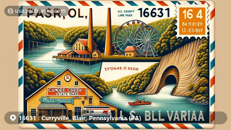 Modern illustration of Curryville, Blair, Pennsylvania, showcasing Canoe Creek State Park, DelGrosso's Amusement Park, Fort Roberdeau, and Tytoona Cave, integrated with postal elements reminiscent of ZIP code 16631.