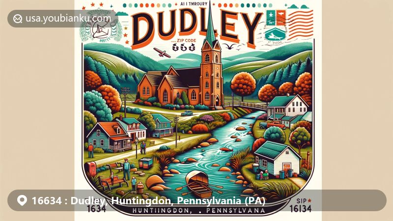 Modern illustration of Dudley, Huntingdon County, Pennsylvania, showcasing postal theme with ZIP code 16634, featuring outdoor activities like hiking, fishing, and camping, set against the picturesque valley of Shoup Run and Raystown Branch Juniata River.