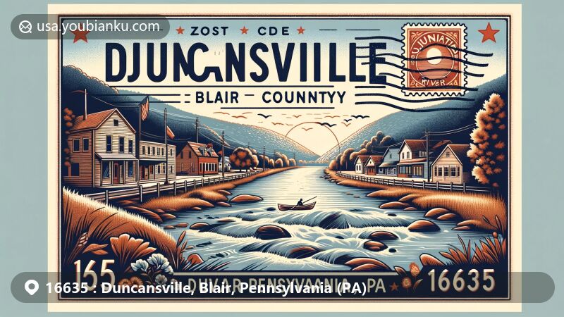 Stylized illustration of Duncansville, Blair County, Pennsylvania, celebrating ZIP code 16635, featuring Juniata River, Allegheny Mountain ridge, and vibrant community, with vintage-modern blend and Pennsylvania state flag stamp.