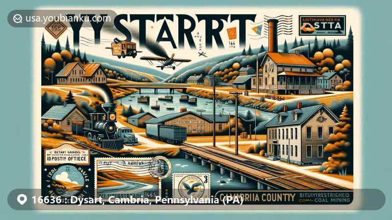 Modern illustration of Dysart area, Cambria County, Pennsylvania, showcasing historical timber extraction, bituminous coal mining, vintage post office building, train station, and Clearfield Creek scenery with postal elements and ZIP code 16636.