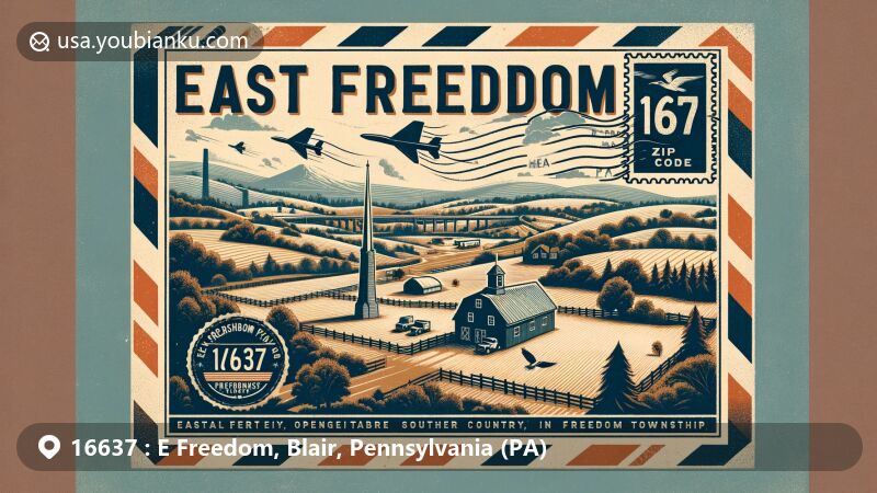 Modern illustration of East Freedom, Blair County, Pennsylvania, representing ZIP code 16637 with creative postal theme and rural charm, featuring countryside scenery, vintage postcard elements, and text '16637 East Freedom, PA'.