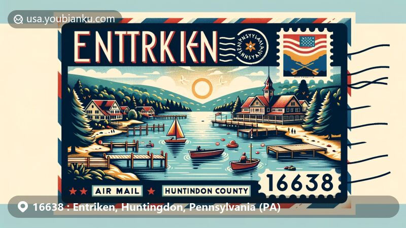Modern illustration of Entriken, Huntingdon County, Pennsylvania, featuring Lake Raystown Resort and outdoor activities like boating and swimming.