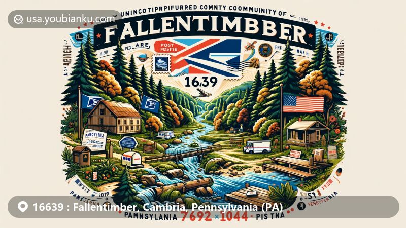 Modern illustration of Fallentimber, Cambria County, Pennsylvania, representing the area's natural beauty and storm history, with postal theme elements like an airmail envelope and postage stamps, set against lush Cambria County landscapes.