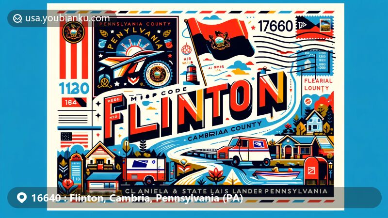 Modern illustration of Flinton, Cambria County, Pennsylvania, in ZIP code 16640, with postcard theme featuring Pennsylvania state flag, Cambria County outline, Clearfield Creek, State Game Lands 120, postal elements, and vibrant colors.