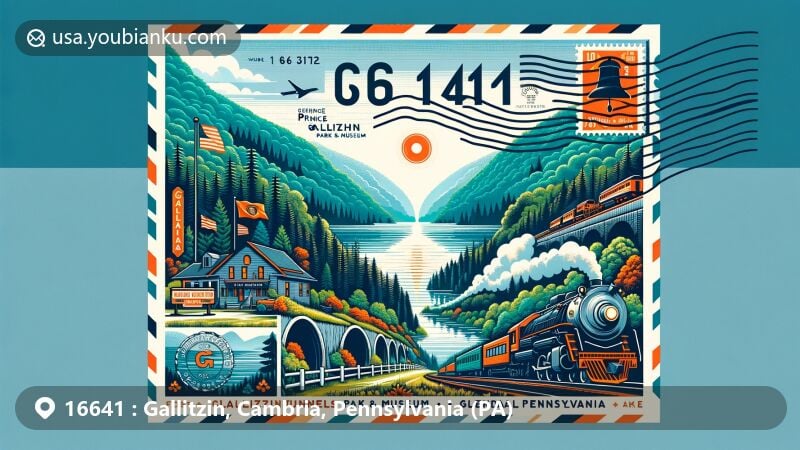 Modern illustration of Gallitzin, Cambria County, Pennsylvania, featuring Gallitzin Tunnels Park & Museum, Prince Gallitzin State Park, Allegheny Plateau hills, Glendale Lake, and postal theme with ZIP code 16641.