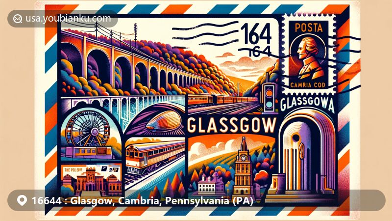 Modern illustration of Glasgow, Cambria County, Pennsylvania, featuring key landmarks like Staple Bend Tunnel, Gallitzin Tunnels, Prince Gallitzin's Crypt, Admiral Peary Monument, and Johnstown Flood Museum, presented in a postcard design with postal elements.