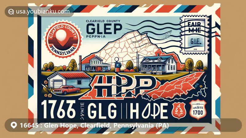 Modern illustration of Glen Hope, Clearfield County, Pennsylvania, in a postal-themed design with ZIP code 16645, featuring air mail envelope background, stamp, postmark, and local geography.