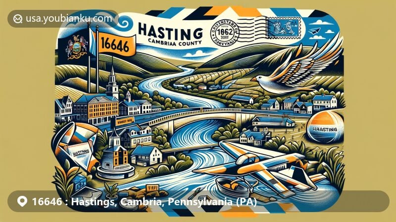 Modern illustration of Hastings, Cambria County, Pennsylvania, showcasing postal theme with ZIP code 16646, featuring Brubaker Run and Chest Creek flowing to the Susquehanna River, and highlighting Pennsylvania state symbols.