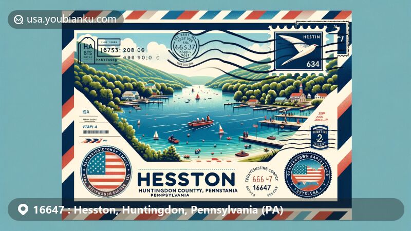 Modern illustration of Raystown Lake, Hesston, Huntingdon County, Pennsylvania, in the shape of an airmail envelope with stamps and postmarks, showcasing ZIP code 16647.