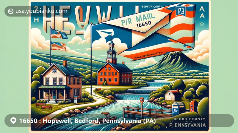 Modern illustration of Hopewell, Bedford County, Pennsylvania, highlighting postal theme with ZIP Code 16650, featuring Juniata River and Riddlesburg Mountain, reflecting small-town charm and community center.