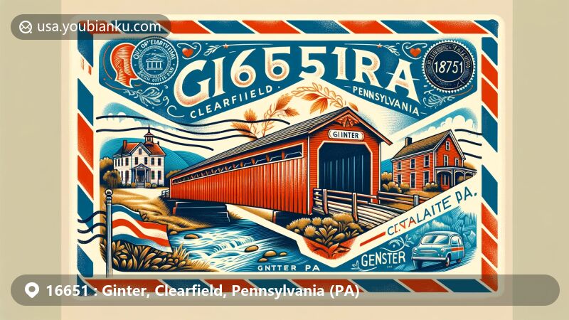 Modern illustration of Ginter, Clearfield County, Pennsylvania, featuring retro aviation mail envelope combined with modern elements, showcasing ZIP code 16651, including Old Town Historic District, McGees Mills Covered Bridge, Pennsylvania state symbols, and postal elements.