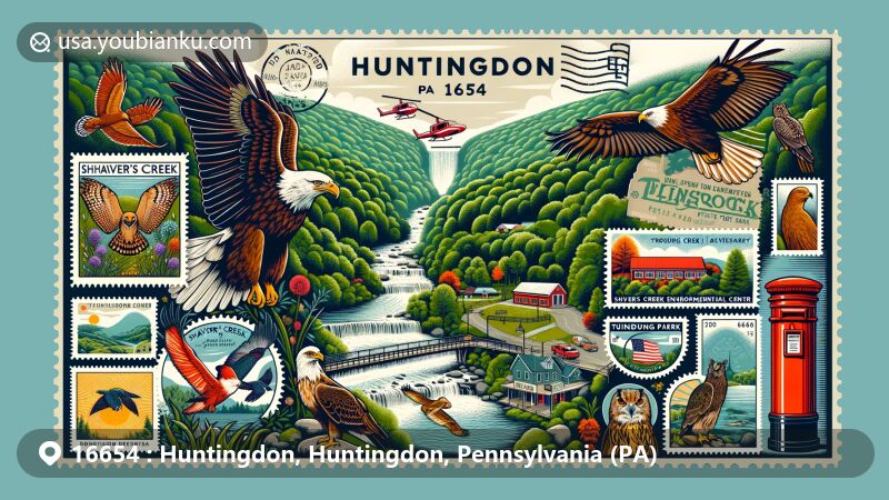 Modern illustration of ZIP Code 16654 in Huntingdon, Pennsylvania, featuring Shaver’s Creek Environmental Center, Rothrock State Forest, Klingsberg Aviary birds, Trough Creek State Park landmarks, downtown Huntingdon mural, and postal theme with air mail envelope, stamps, postmark, and mailbox.