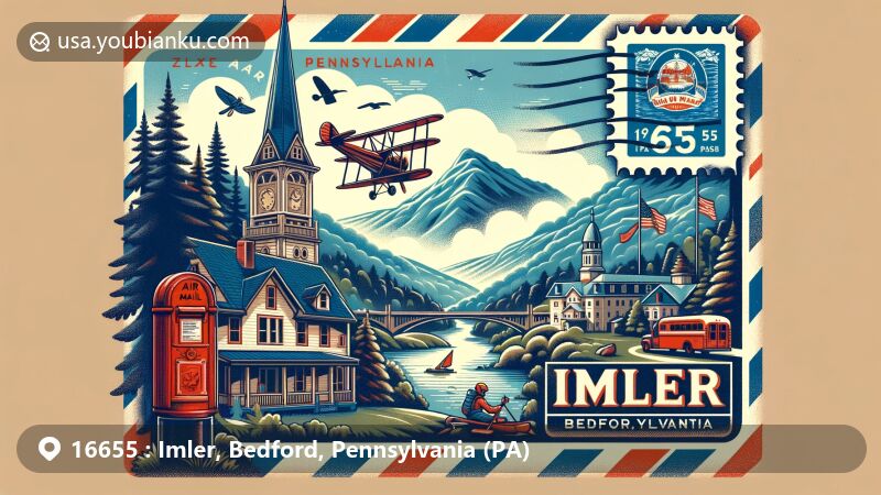 Modern illustration of Imler, Bedford, Pennsylvania, featuring Blue Knob State Park and postal theme with ZIP code 16655. Includes hiking, skiing, Allegheny Mountains backdrop, vintage air mail envelope, stamps, postmark, and antique mailbox. Captures essence of Imler as gateway to outdoor adventures.