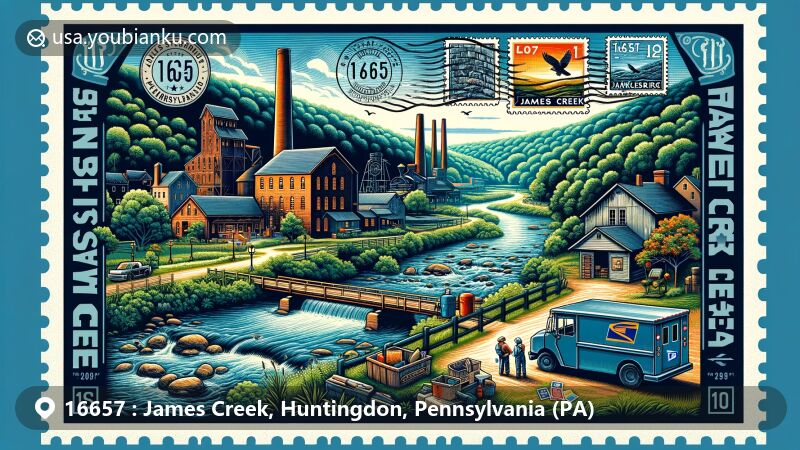 Modern illustration of James Creek, Pennsylvania, showcasing natural beauty and historical architecture from Marklesburg Historic District, featuring Paradise Furnace, postal elements, and outdoor activities.