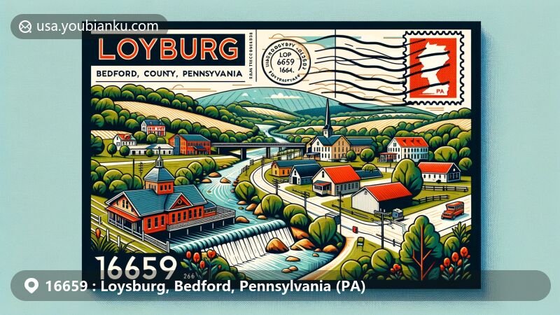 Modern illustration of Loysburg, Bedford County, Pennsylvania, highlighting rural vibe and scenic beauty, near Pennsylvania Route 36 and Yellow Creek, by the Loysburg Gap in Tussey Mountain, with postal motifs and ZIP code 16659.