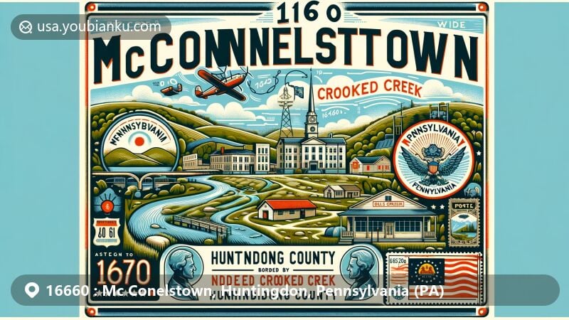 Modern illustration of McConnellstown, Huntingdon County, Pennsylvania, featuring Woodcock Valley and Crooked Creek, with Pennsylvania state flag and postal theme.
