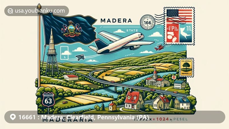 Modern illustration of Madera, Clearfield County, Pennsylvania, featuring state flag, county outline, rural landscape, airmail elements, and postal design with ZIP code 16661.