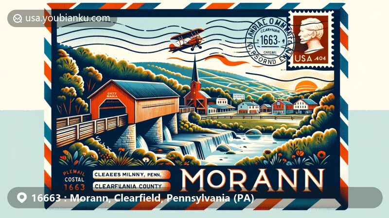 Modern illustration of Morann, Clearfield County, Pennsylvania, featuring postal themes and landmarks like McGees Mills Covered Bridge, Old Town Historic District, and Parker Dam State Park.