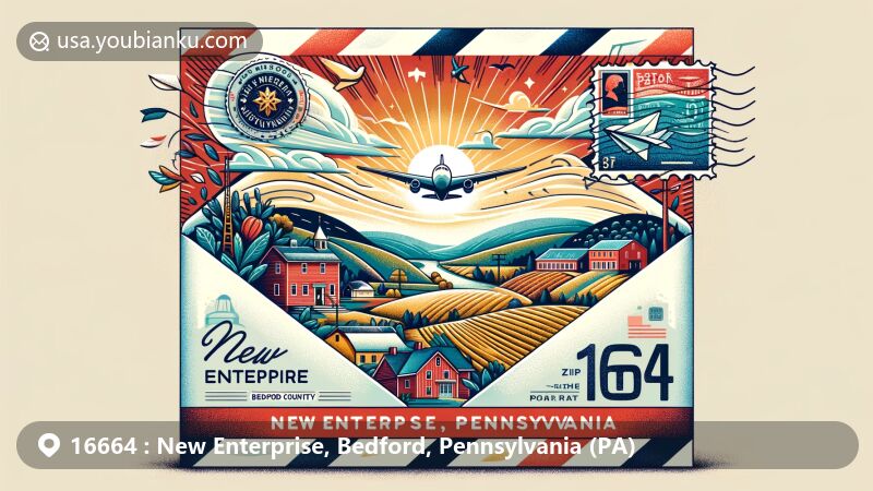 Modern illustration of New Enterprise, Bedford County, Pennsylvania, featuring ZIP code 16664 and postal theme with air mail envelope, stamps, and postmark.