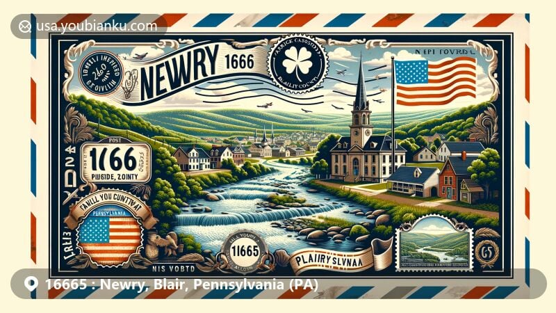 Modern illustration of Newry, Blair County, Pennsylvania, showcasing postal theme with ZIP code 16665, featuring Poplar Run and symbols of Pennsylvania.