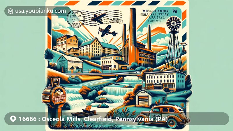 Modern illustration of Osceola Mills area in Clearfield County, Pennsylvania, highlighting its unique geography along Moshannon Creek and its proximity to Clearfield and Centre counties. Features Osceola Mills Historical Foundation and postal theme with vintage postcards, air mail envelope, postage stamps, and postmark '16666 Osceola Mills, PA'.