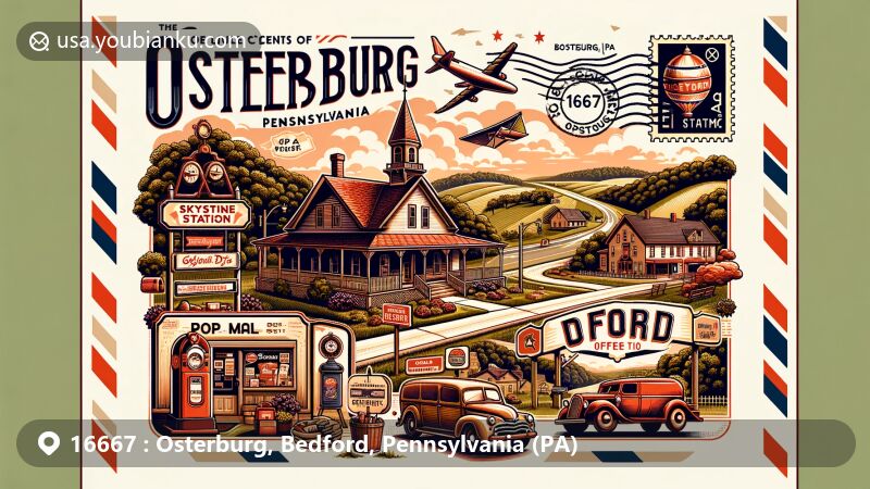 Modern illustration of Osterburg, Pennsylvania, highlighting rural charm and key landmarks from Bedford County, including Skyline Drive Vista, Dunkle’s Gulf Station, and the Bedford Coffee Pot, integrated with vintage postal elements.