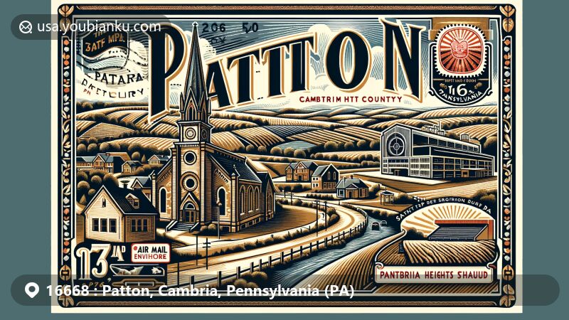 Vintage postcard illustration of Patton, Cambria County, Pennsylvania, inspired by ZIP code 16668, featuring landmarks from the Patton Historic District, Trinity United Methodist Church, and Saint Peter and Paul Byzantine Catholic Church.
