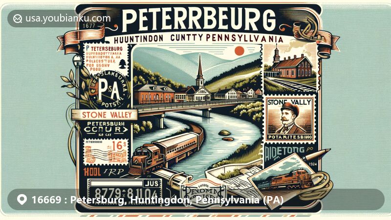 Modern illustration of Petersburg, Huntingdon County, Pennsylvania, featuring natural landscape and postal theme with vintage railroad motif and Stone Valley representation, showcasing ZIP code 16669 and historical postal elements.