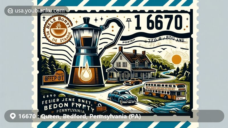 Modern illustration of Queen, Bedford County, Pennsylvania, capturing ZIP code 16670, featuring iconic attractions like The Coffee Pot, The Historic Lincoln Highway, The Jean Bonnet Tavern, and Blue Knob State Park, elegantly blended with postal elements.