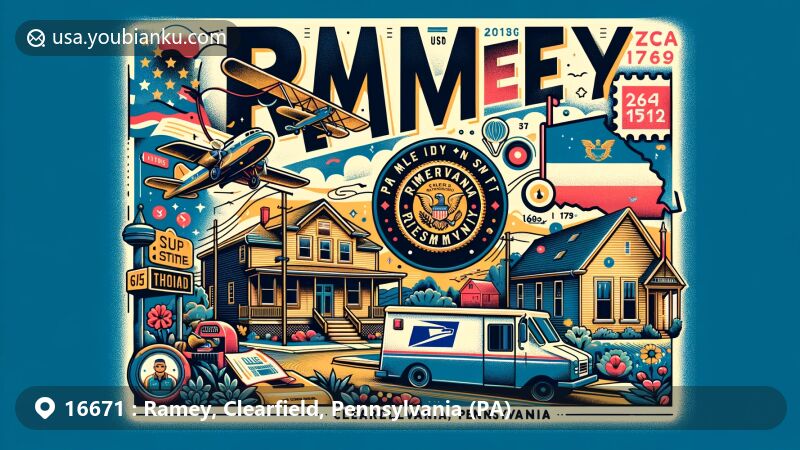 Modern illustration of Ramey, Clearfield County, Pennsylvania, featuring ZIP Code 16671, showcasing Pennsylvania state flag, Clearfield County outline, vintage airmail envelope, postage stamp, mail truck, and small-town charm with local community elements.