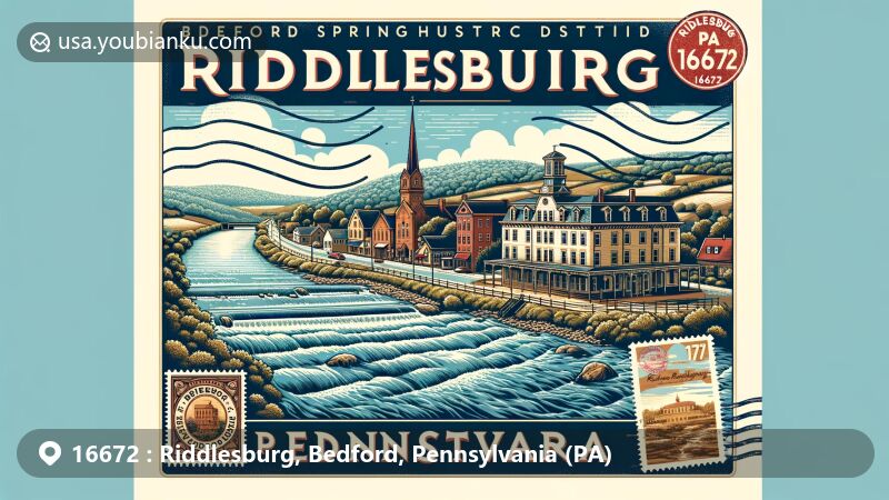 Vintage-style illustration of Riddlesburg, Pennsylvania, highlighting Juniata River and Bedford Springs Hotel Historic District, with postmark 'Riddlesburg, PA 16672'.