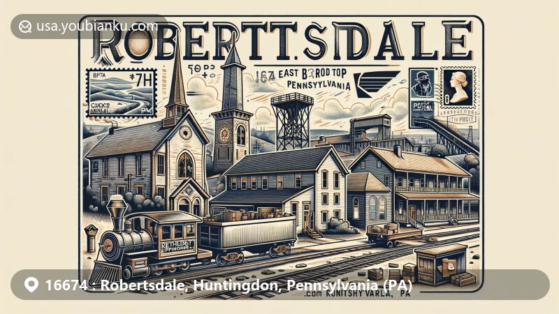 Modern illustration of Robertsdale, Pennsylvania, showcasing historic district with miner houses, Methodist Episcopal Church, coal mining remnants, and East Broad Top Railroad, incorporating postal theme with air mail envelope, ZIP Code 16674, and postmark.