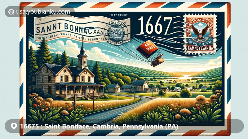 Modern illustration of ZIP code 16675, Saint Boniface, Cambria County, Pennsylvania, featuring the local post office and vintage air mail envelope with creative postal stamp.