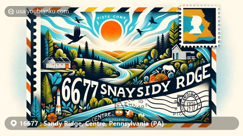 Modern illustration of Sandy Ridge, Centre County, Pennsylvania, capturing ZIP code 16677 with silhouette of Pennsylvania, highlighting Allegheny Front and wooded nature, featuring creative envelope/postcard design with postal stamp and charming local elements.