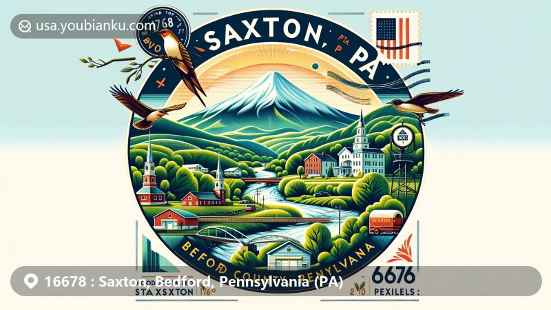 Modern illustration of Saxton, Bedford County, Pennsylvania, focusing on the 16678 ZIP code area, featuring Broad Top area, Appalachian Mountains, Woodcock Valley, Raystown Branch of the Juniata River, Tussey Mountain, and postal elements.