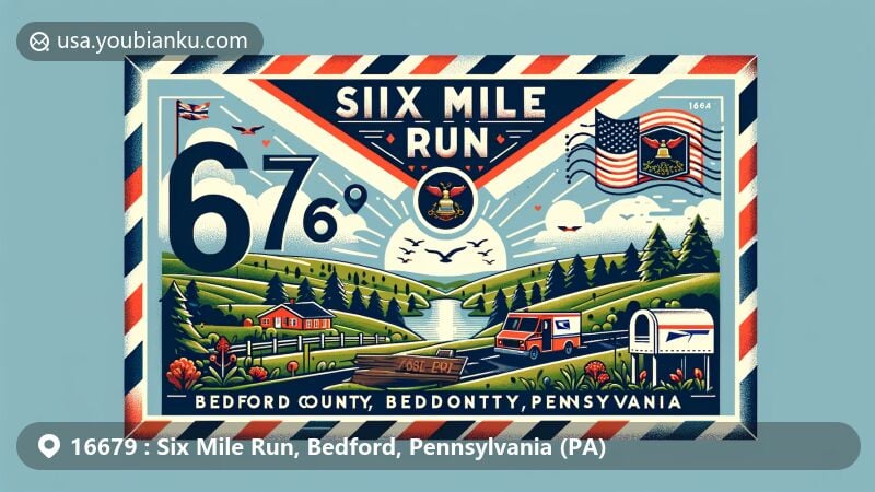 Modern illustration of Six Mile Run, Bedford County, Pennsylvania, highlighting small-town charm and natural beauty with ZIP code 16679, featuring Pennsylvania state flag and airmail envelope.