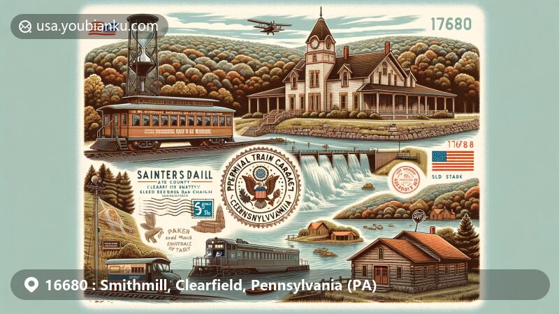 Modern illustration of Smithmill, Clearfield County, Pennsylvania, showcasing postal theme with ZIP code 16680, featuring Presidential Train Car B&B, Parker Dam State Park, and Saint Severin Old Log Church.