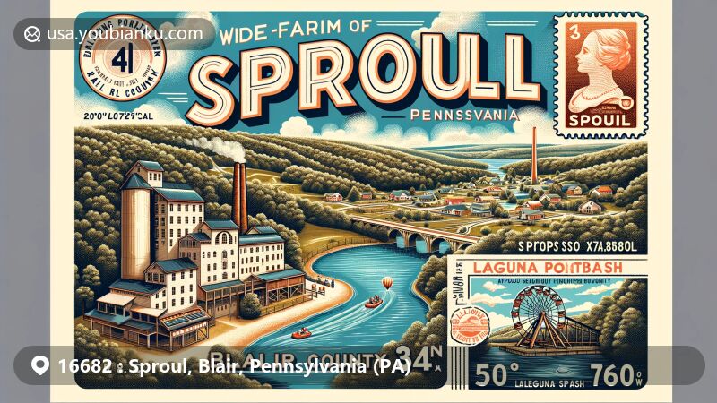 Modern illustration of Sproul, Blair County, Pennsylvania, highlighting ZIP code 16682, featuring Canoe Creek State Park, DelGrosso's Amusement Park, and regional postal elements.